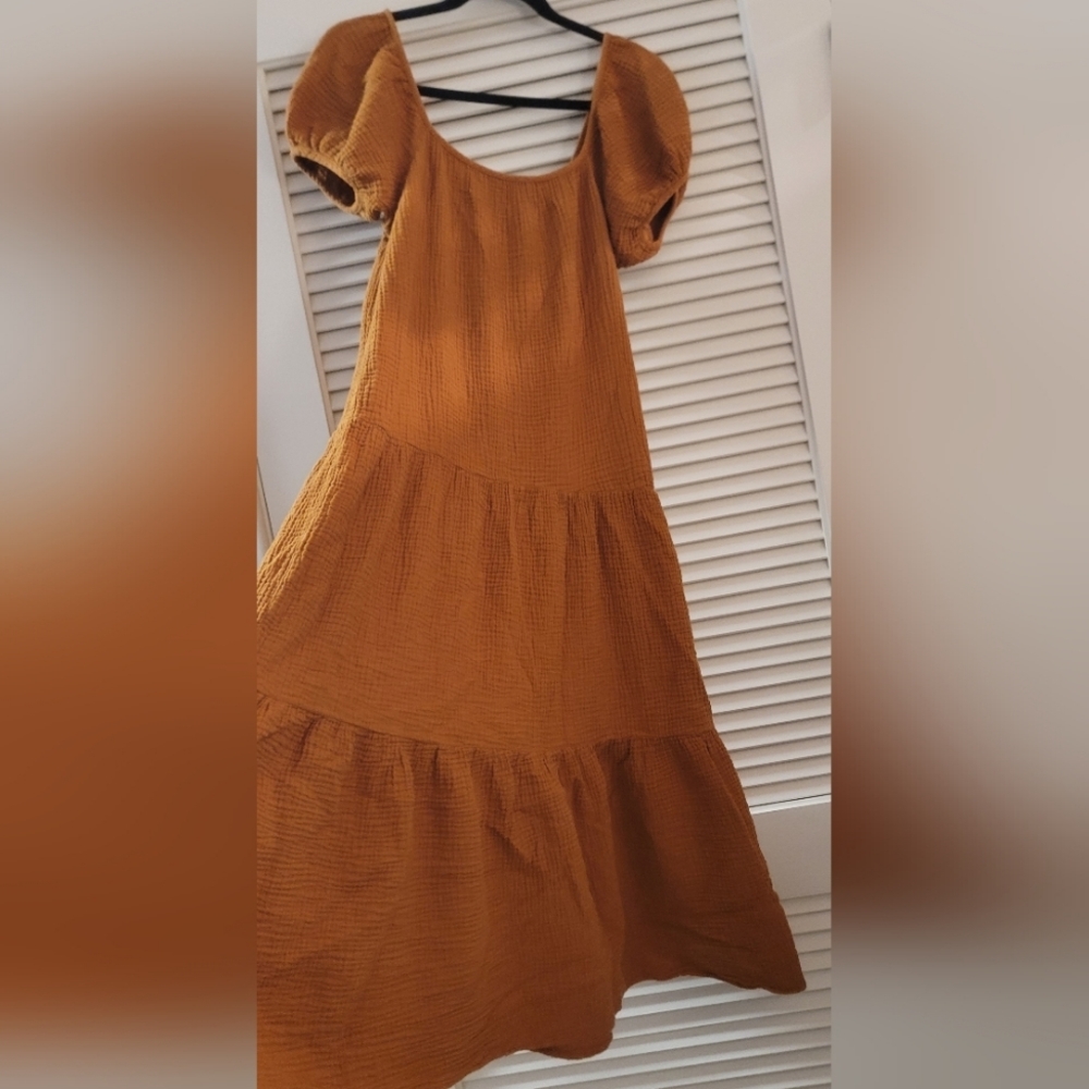 Honorine - Pamela Golden-Brown Cotton Gauze Tiered Puff-Sleeve Dress